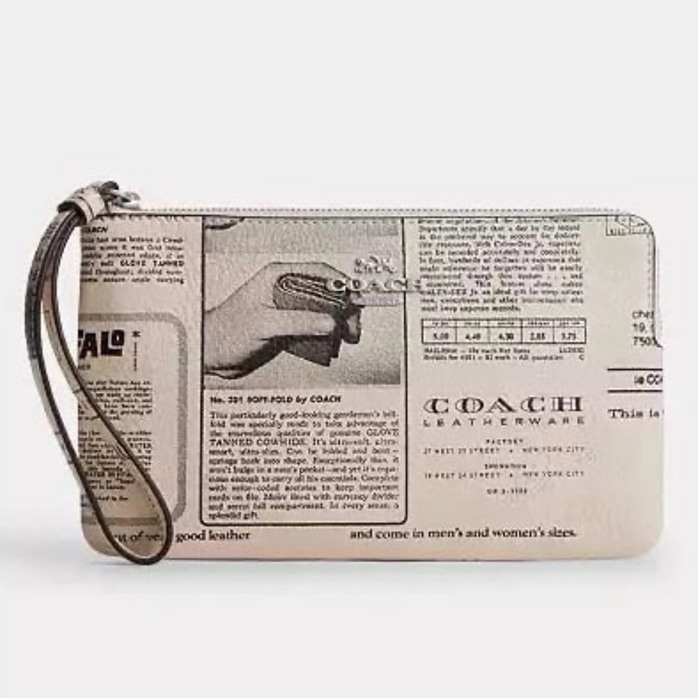 Coach Large Corner Zip Wristlet with Newspaper Print Silver/Chalk Multi NWT